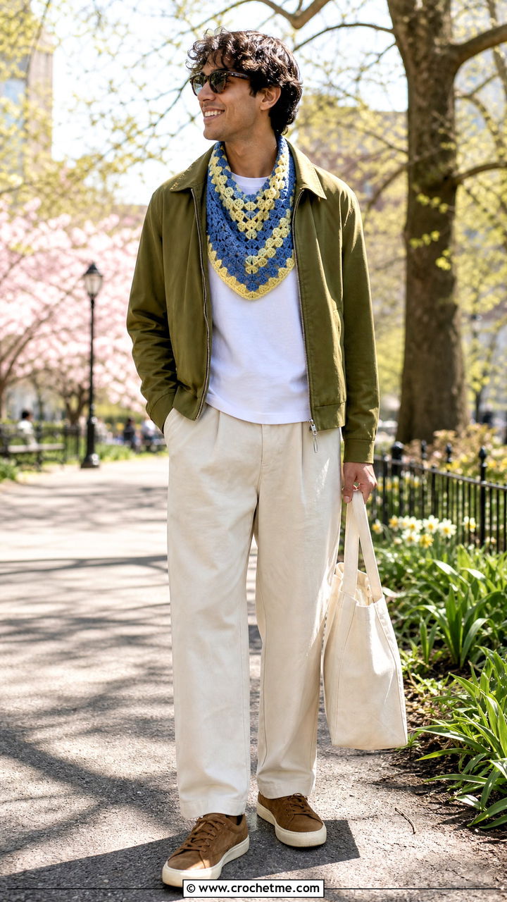 Kerchief Crochet Scarf With Spring Outfit - 35 men's crochet scarf outfit ideas