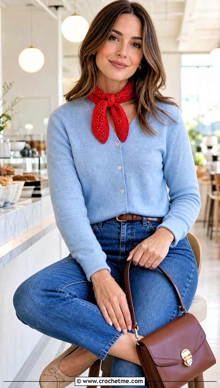Kerchief Triangle Crochet Shawl With Cardigan And Jeans - 25 triangle crochet shawls outfit ideas