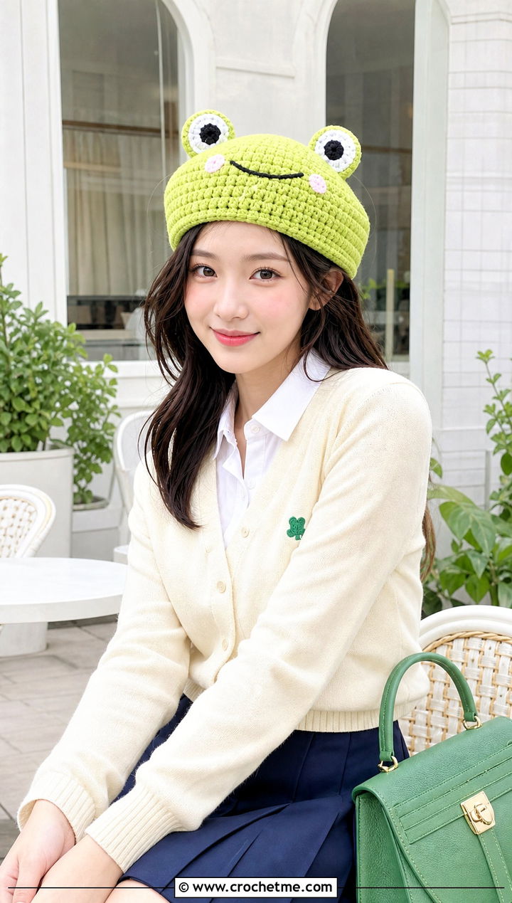 Keroppi Crochet Beret With A Preppy Cardigan - 30 sanrio crochet hat outfit ideas