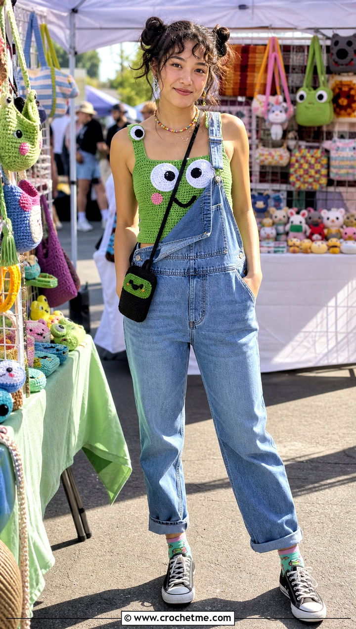 Keroppi Crochet Tank Top With Denim Overalls - 25 Sanrio Crochet Clothes and outfit ideas