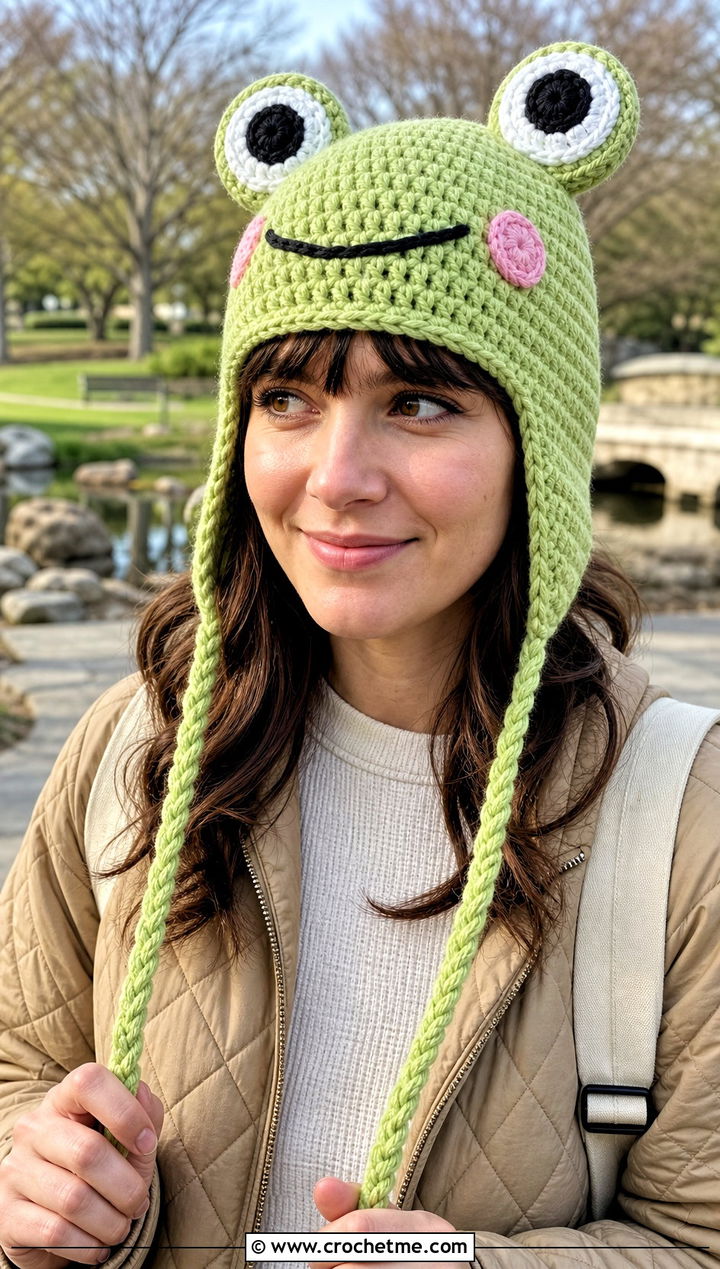 Keroppi Ear Flap Beanie With Quilted Jacket - 25 sanrio crochet beanie outfit ideas