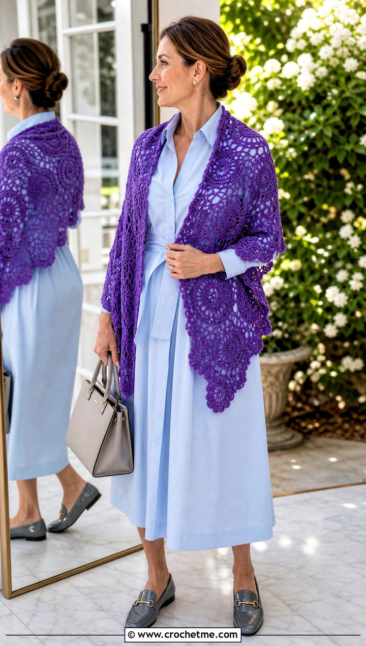 Key West Medallion Lace Shawl With Midi Dress And Loafers - 15 kristin omdahl crochet shawl outfit ideas