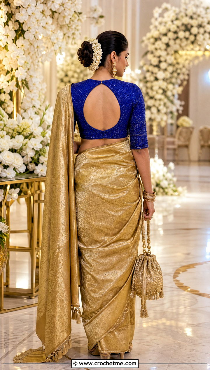 Keyhole Back Crochet Blouse With Kanjeevaram Saree - 35 Crochet Blouse For Saree outfit ideas