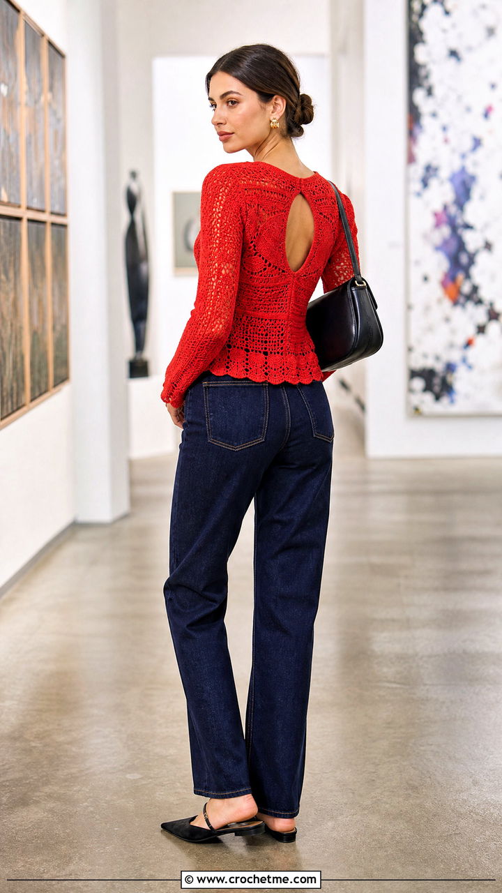 Keyhole Back Crochet Blouse With Straight Jeans - 35 crochet summer blouse outfit ideas