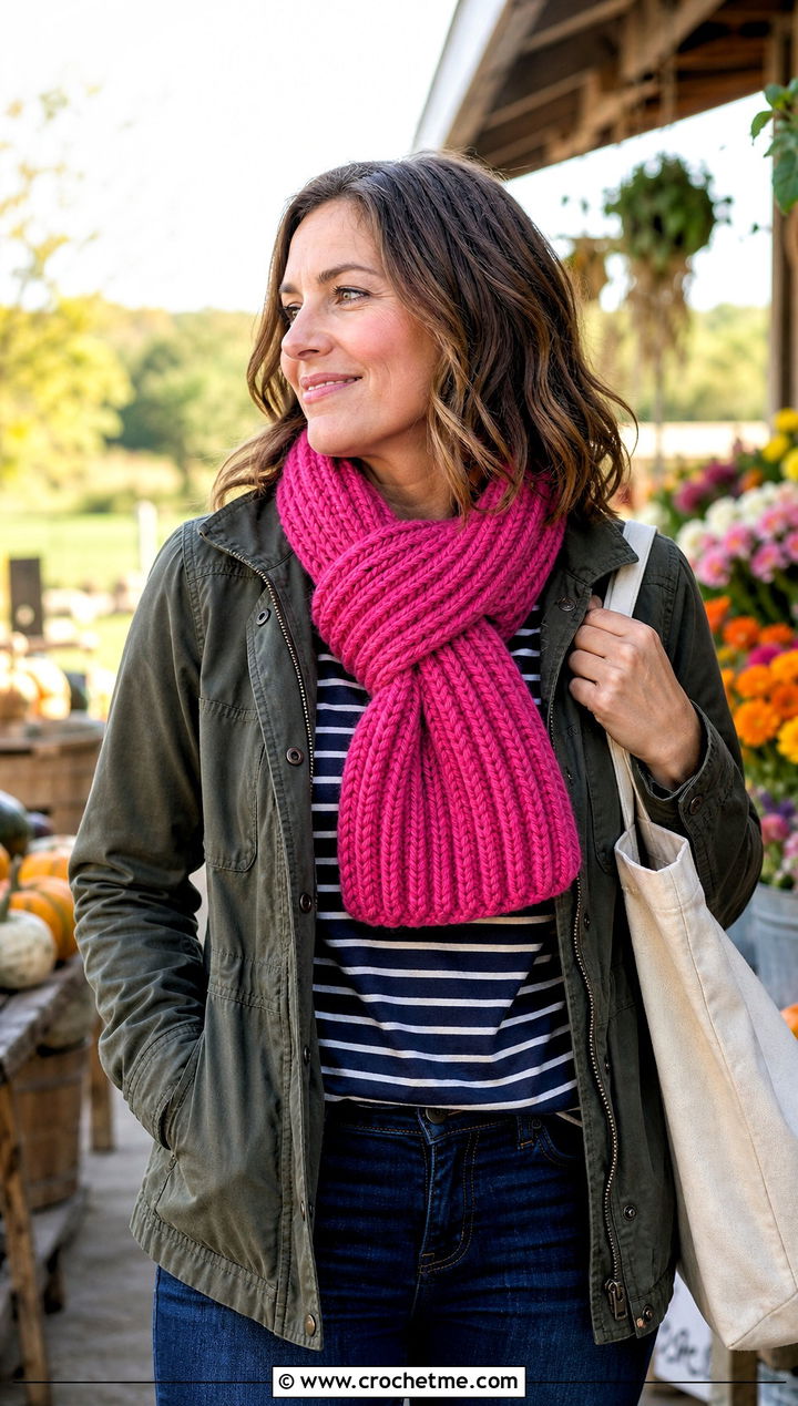 Keyhole Brioche Crochet Scarf With Barn Jacket - 25 Brioche Crochet Scarf outfit ideas