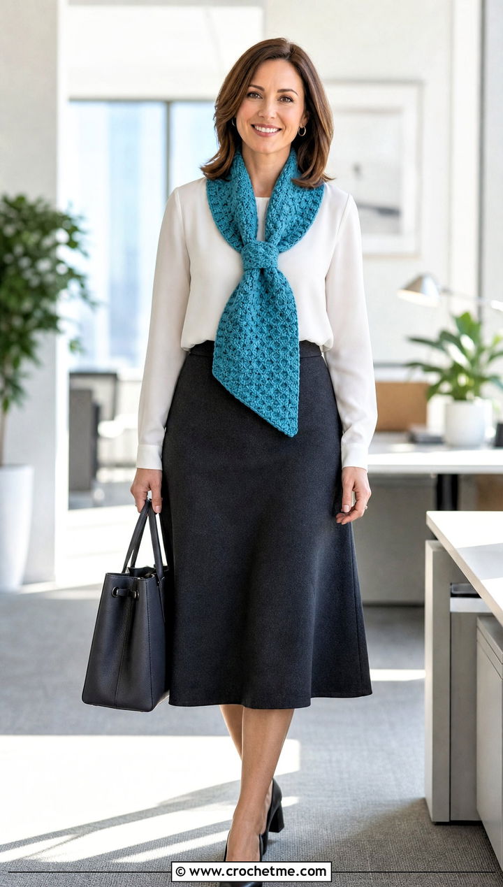 Keyhole C C Scarf With Blouse And A Line Skirt - 35 c2c crochet scarf outfit ideas