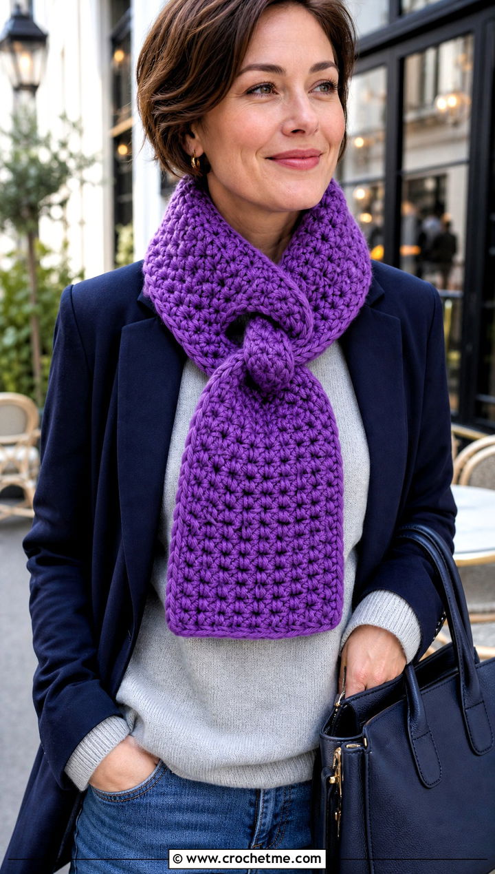 Keyhole Chunky Crochet Scarf With Blazer And Jeans - 15 Crochet Scarves Chunky Yarn outfit ideas
