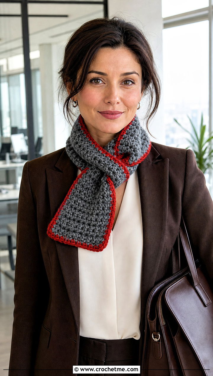 Keyhole Chunky Gray Crochet Scarf With Tailored Pantsuit - 15 Chunky Gray Crochet Scarf outfit ideas