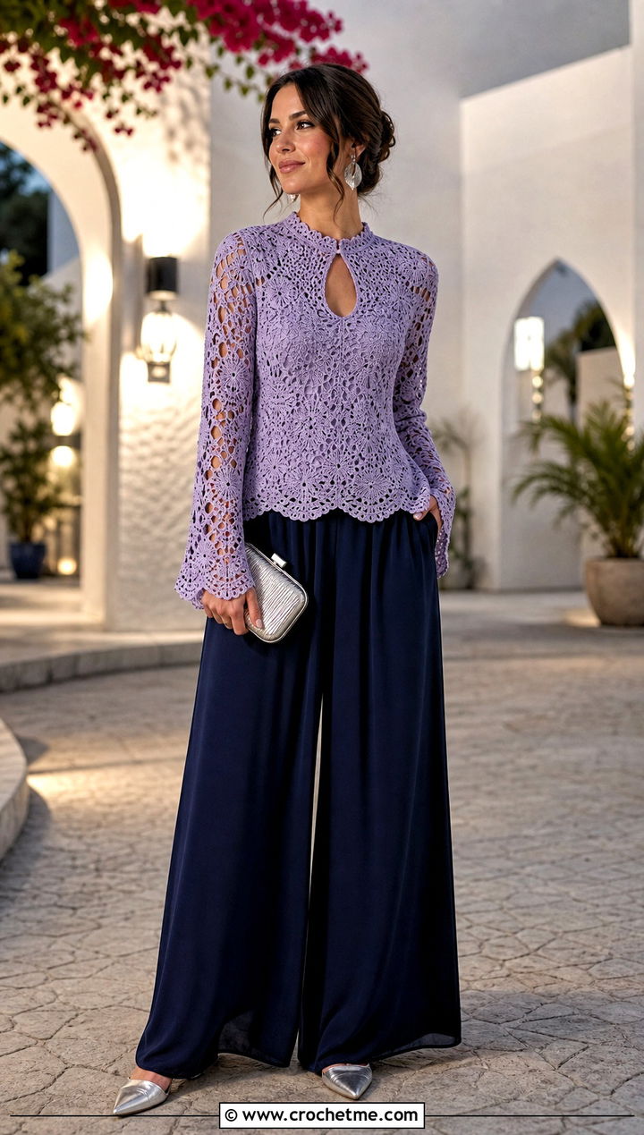 Keyhole Crochet Blouse With Palazzo Pants - 35 Outfit With Crochet Top outfit ideas