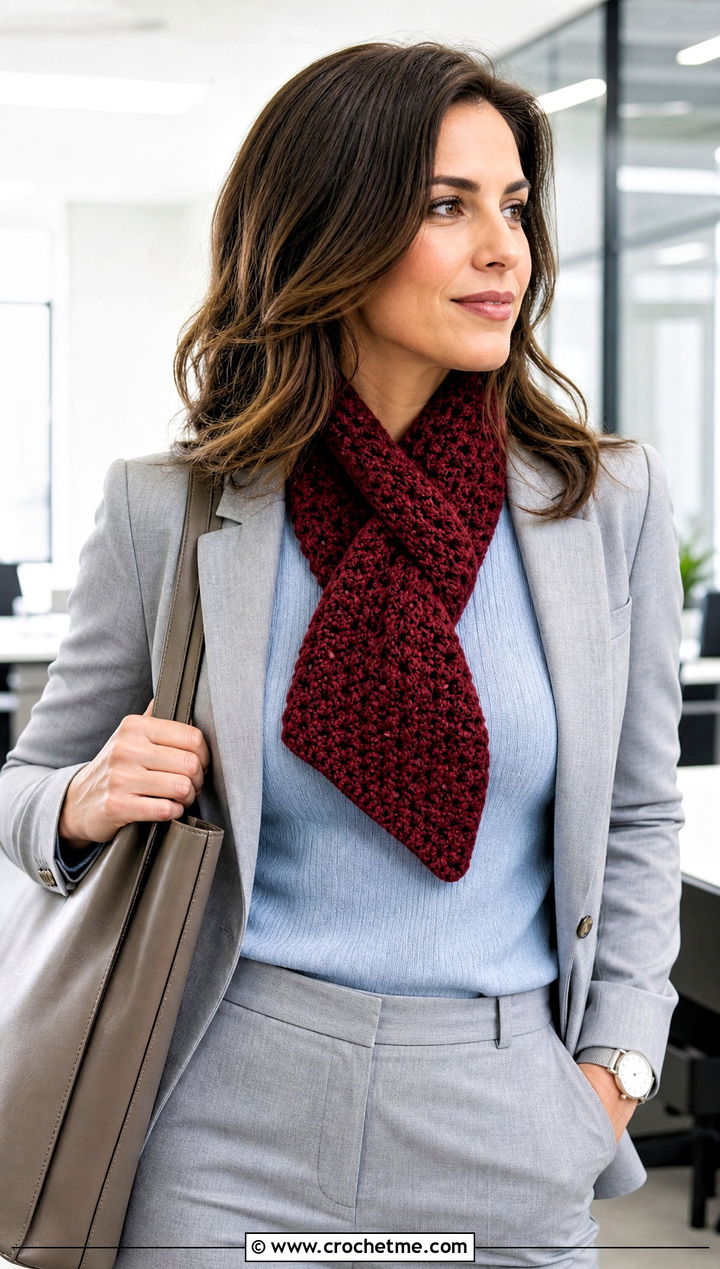 Keyhole Crochet Fall Scarf With Office Suit - 15 Crochet Fall Scarf outfit ideas