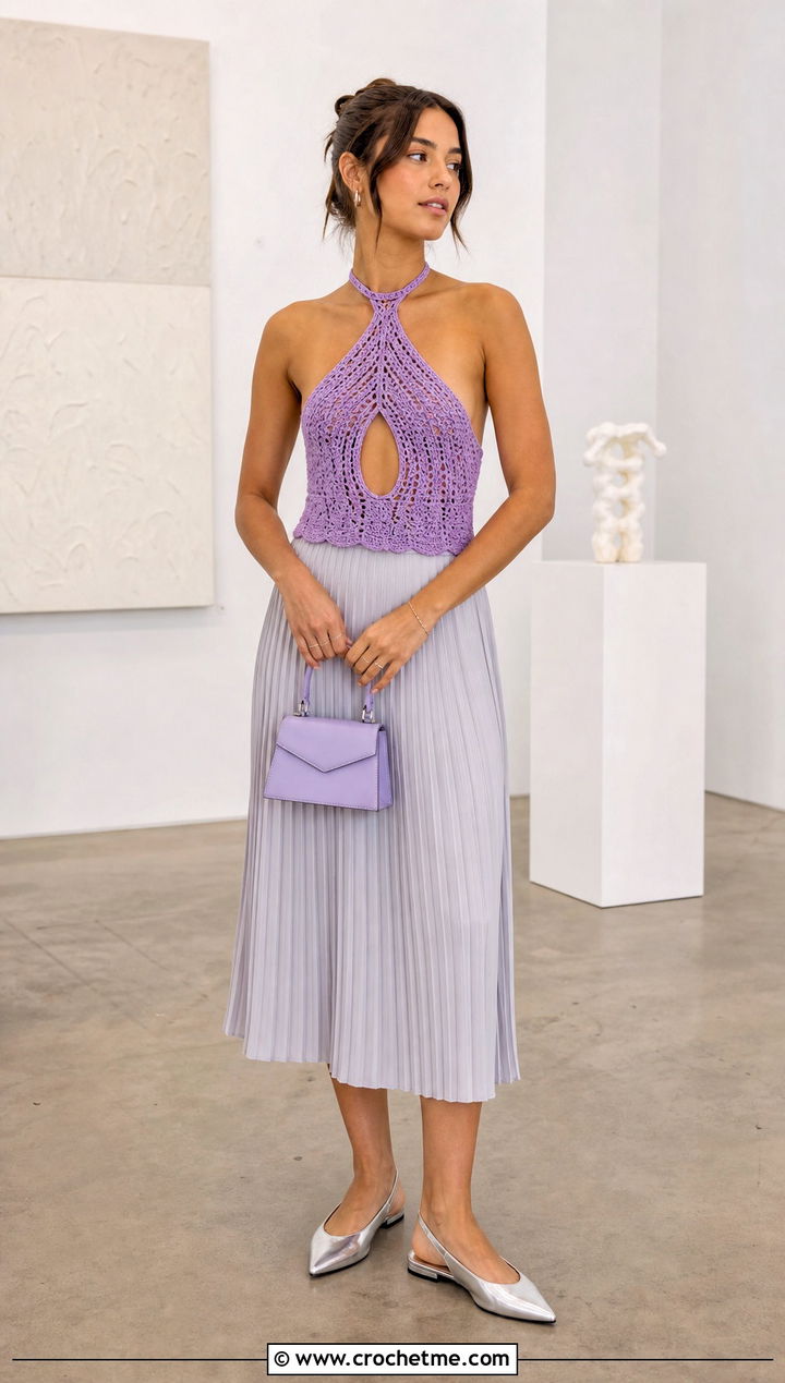 Keyhole Crochet Halter Top With Pleated Midi Skirt - 35 crochet halter tops outfit ideas