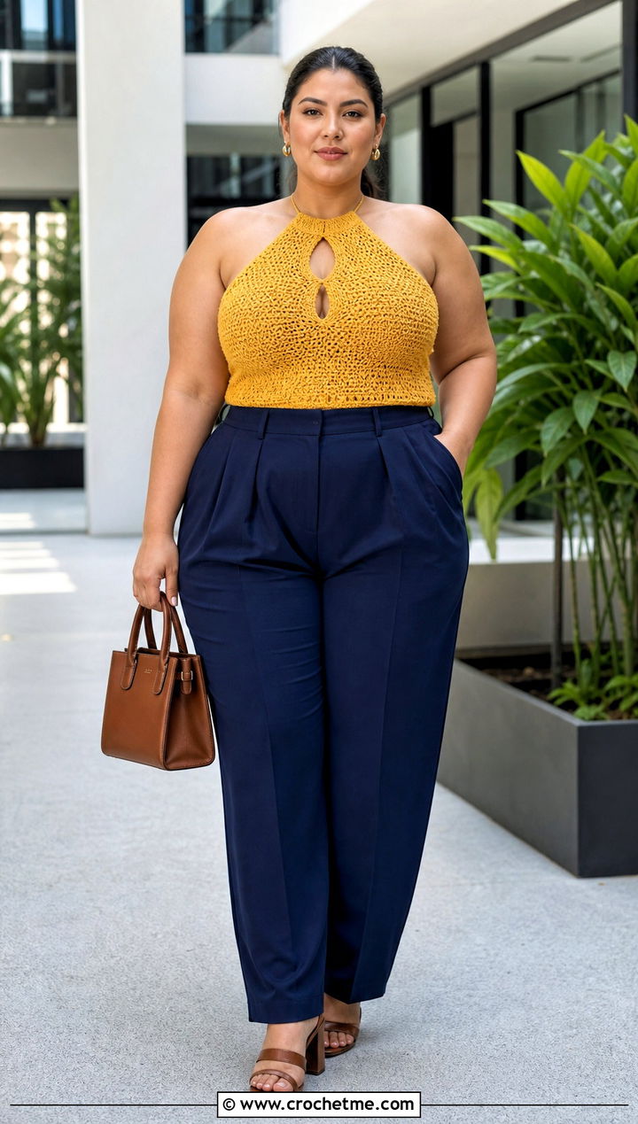 Keyhole Crochet Halter Top With Pleated Trousers - 30 plus size crochet halter top outfit ideas