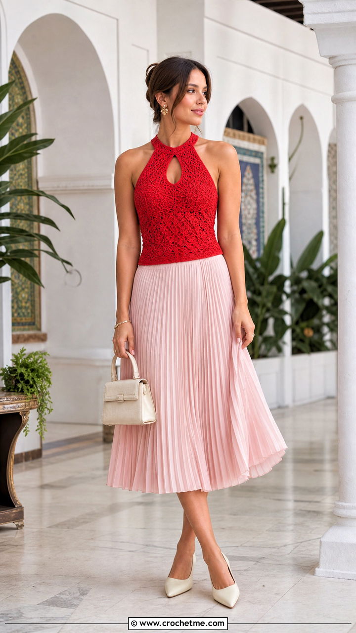 Keyhole Crochet Halter With Pleated Midi Skirt - 35 crochet halter outfit ideas