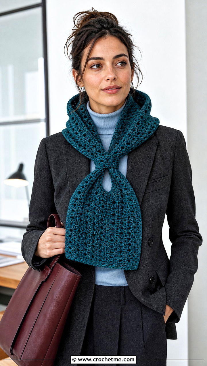Keyhole Crochet Hooded Scarf With Blazer Outfit - 30 crochet scarf with hood outfit ideas