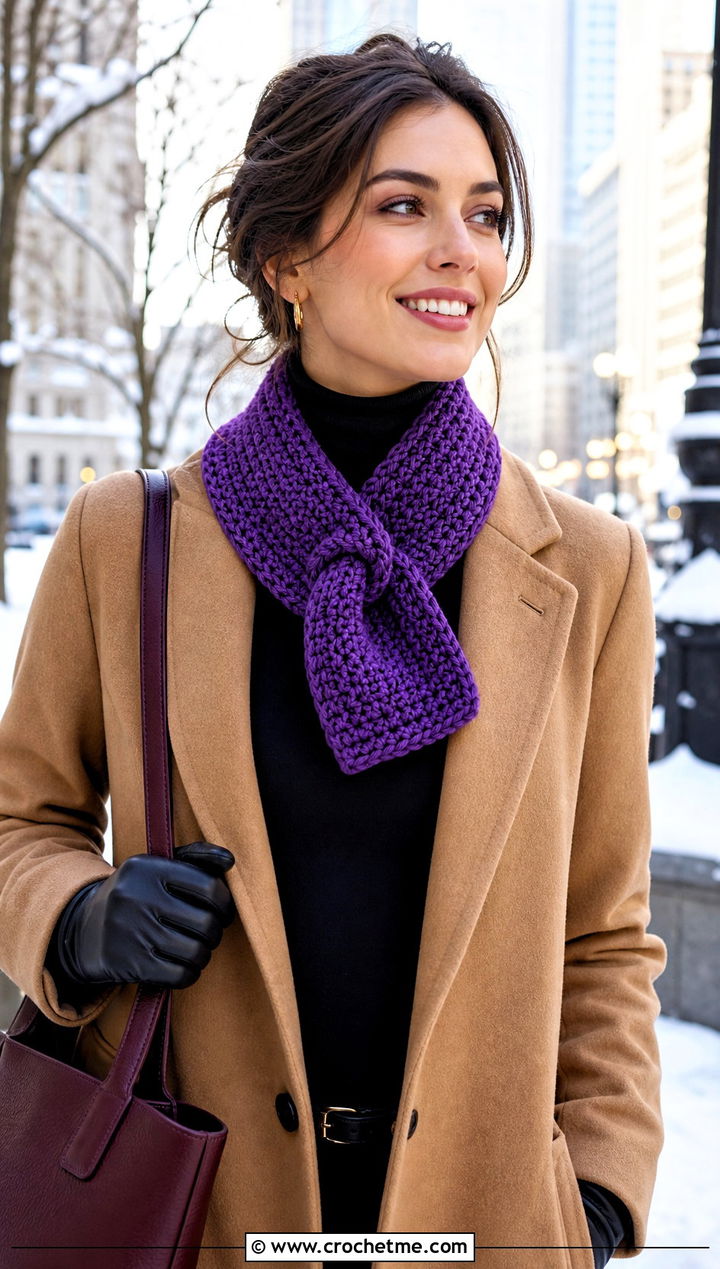 Keyhole Crochet Mini Scarf With Wool Coat - 30 mini crochet scarf outfit ideas
