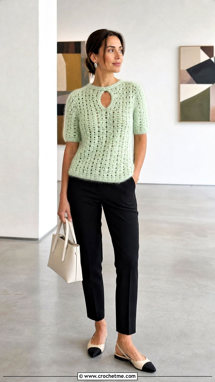 Keyhole Crochet Mohair Top With Cigarette Pants - 35 crochet mohair top outfit ideas