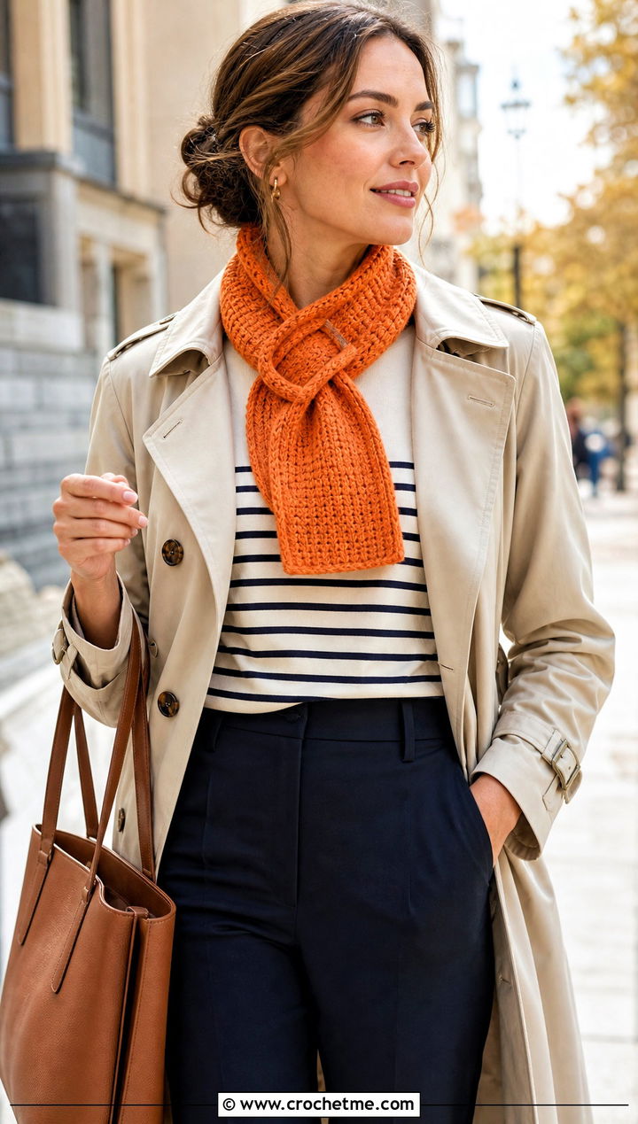 Keyhole Crochet Ribbon Scarf With Trench Coat - 15 Crochet Ribbon Scarf outfit ideas