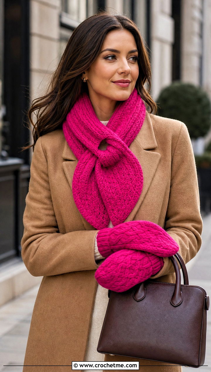 Keyhole Crochet Scarf And Cable Mittens With Camel Coat - 15 Crochet Scarf And Mittens Set outfit ideas