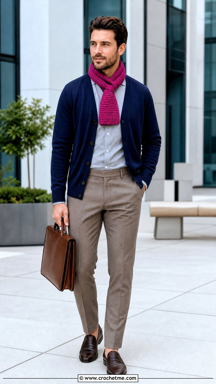Keyhole Crochet Scarf With Business Casual Outfit - 35 crochet scarf for men outfit ideas