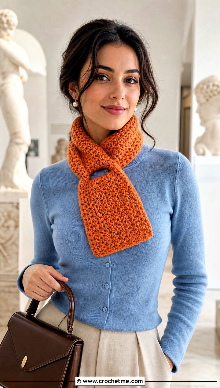 Keyhole Crochet Scarf With Cardigan And Midi Skirt - 35 fun crochet scarf outfit ideas
