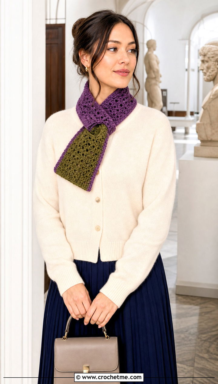 Keyhole Crochet Scarf With Cardigan And Pleated Skirt - 30 2 color crochet scarf outfit ideas