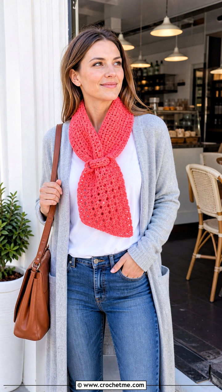 Keyhole Crochet Scarf With Cardigan And Straight Jeans - 25 Quick And Easy Crochet Scarf outfit ideas