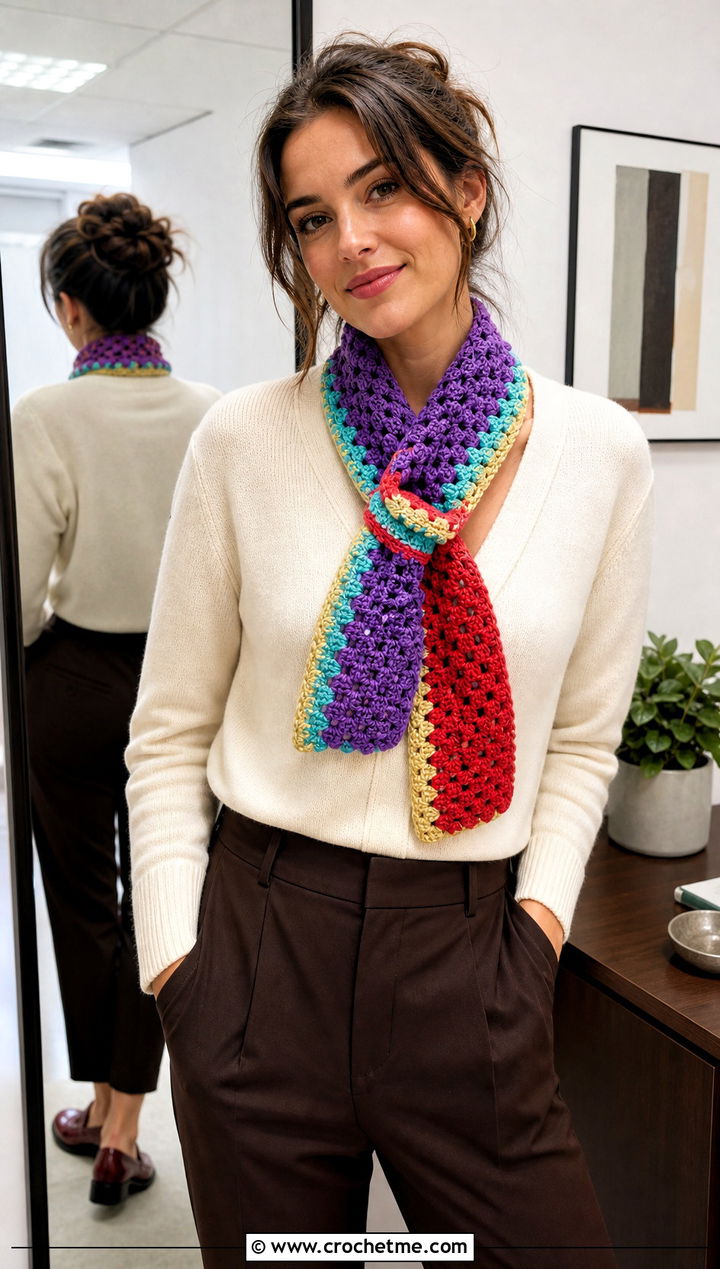 Keyhole Crochet Scarf With Cardigan And Trousers - 25 multi colored crochet scarf outfit ideas