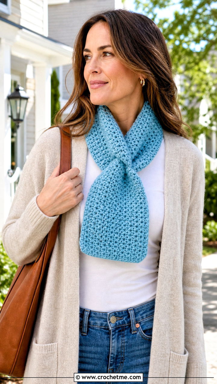 Keyhole Crochet Scarf With Cardigan - 25 Crochet For Beginners Scarf outfit ideas