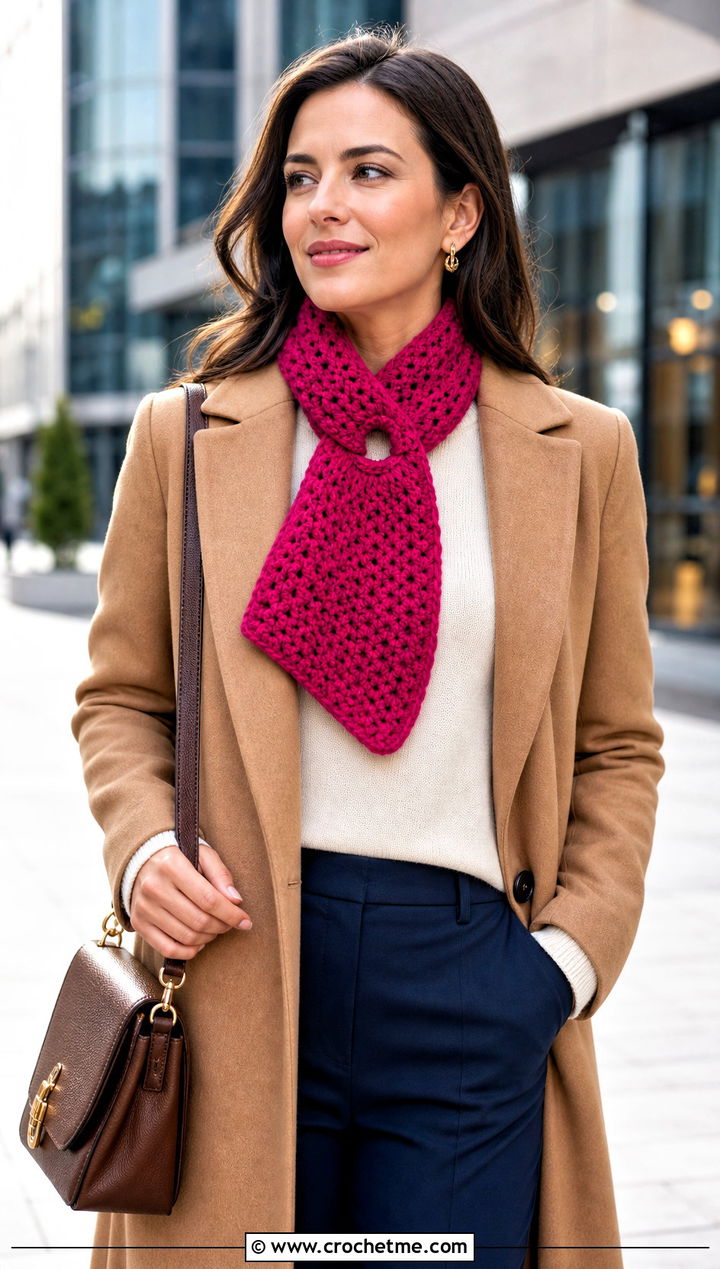 Keyhole Crochet Scarf With Coat And Loafers - 20 Beginner Crochet Projects Scarf outfit ideas