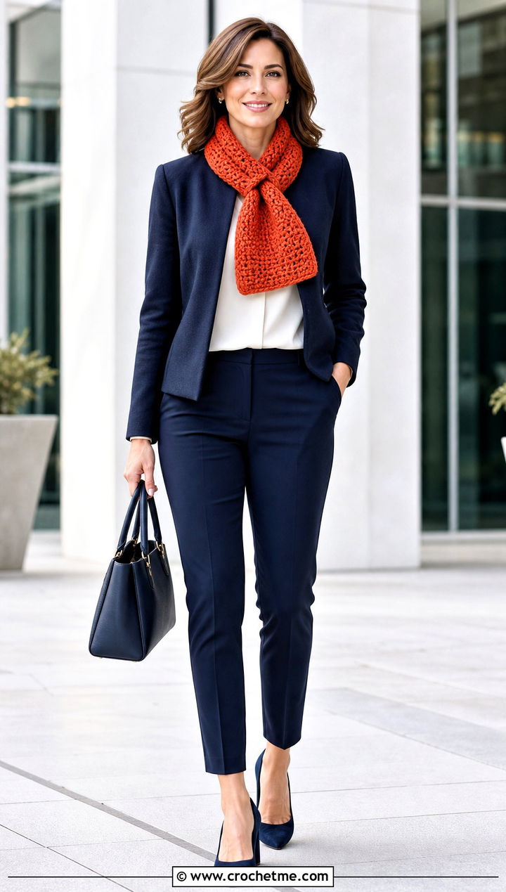 Keyhole Crochet Scarf With Collarless Jacket - 30 bulky crochet scarf outfit ideas