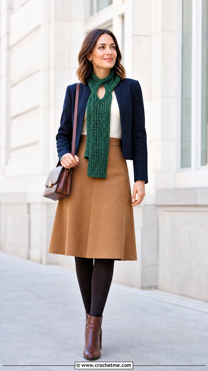 Keyhole Crochet Scarf With Cropped Jacket And Skirt - 35 beginner crochet scarf outfit ideas