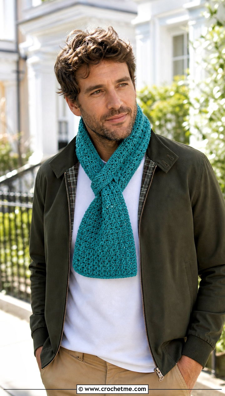 Keyhole Crochet Scarf With Harrington Jacket - 30 Mens Crochet Scarf outfit ideas