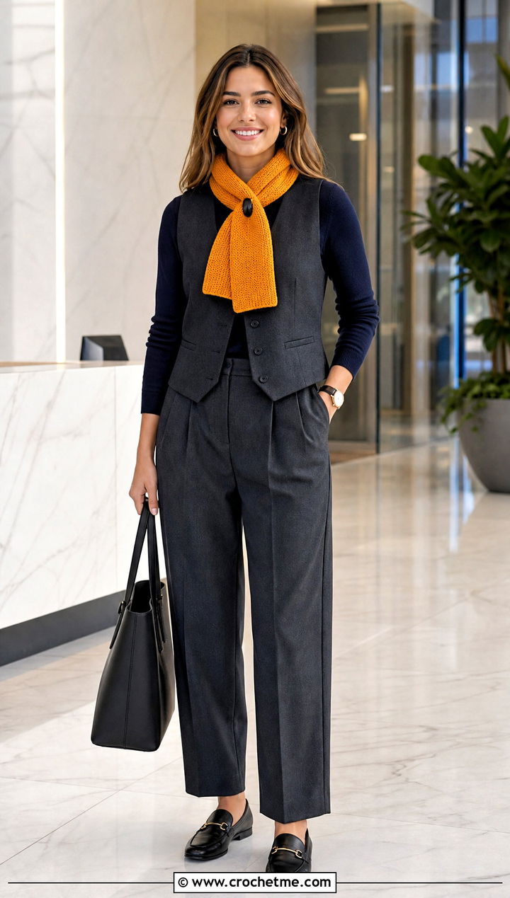 Keyhole Crochet Scarf With Office Trousers - 35 cute crochet scarf outfit ideas