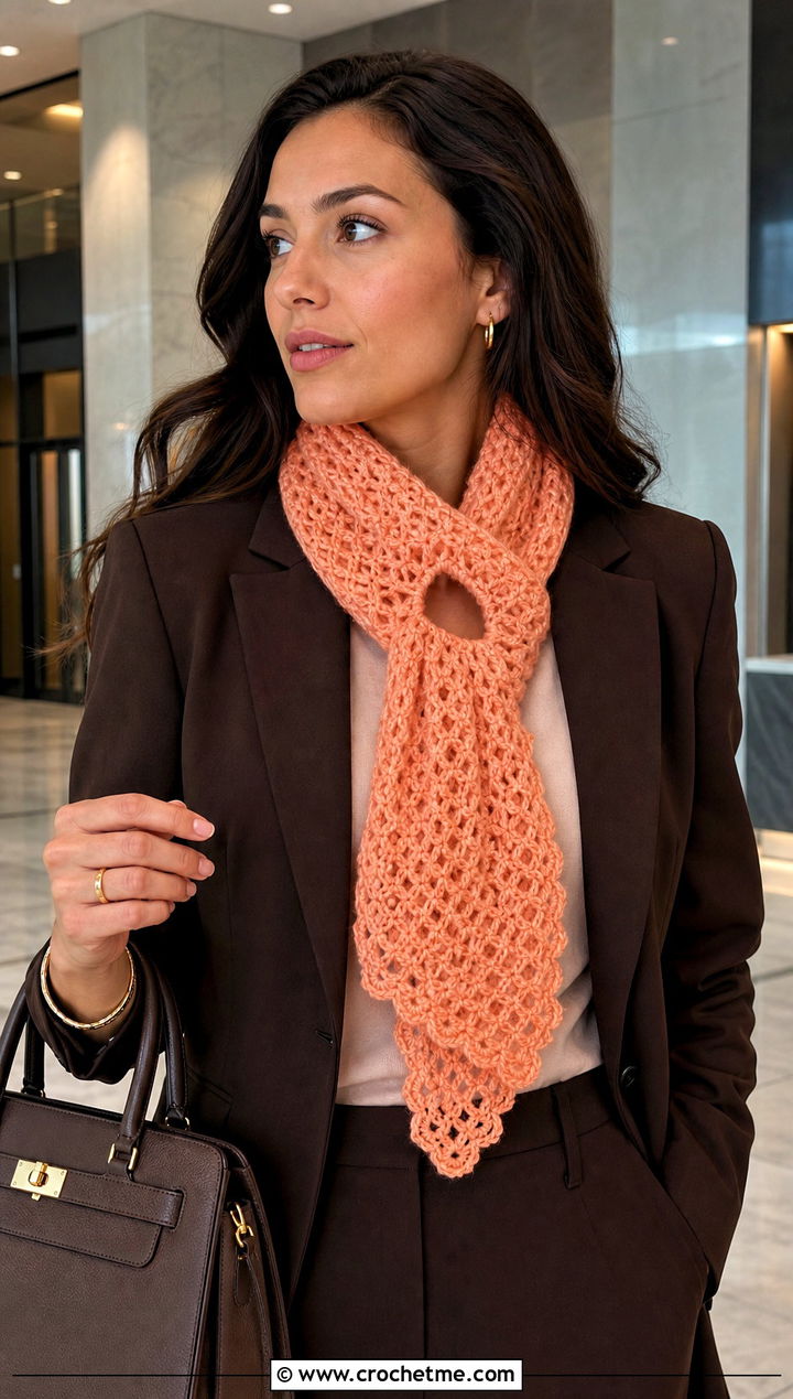Keyhole Crochet Scarf With Pantsuit And Ballet Flats - 15 Vibrant Crochet Scarf outfit ideas