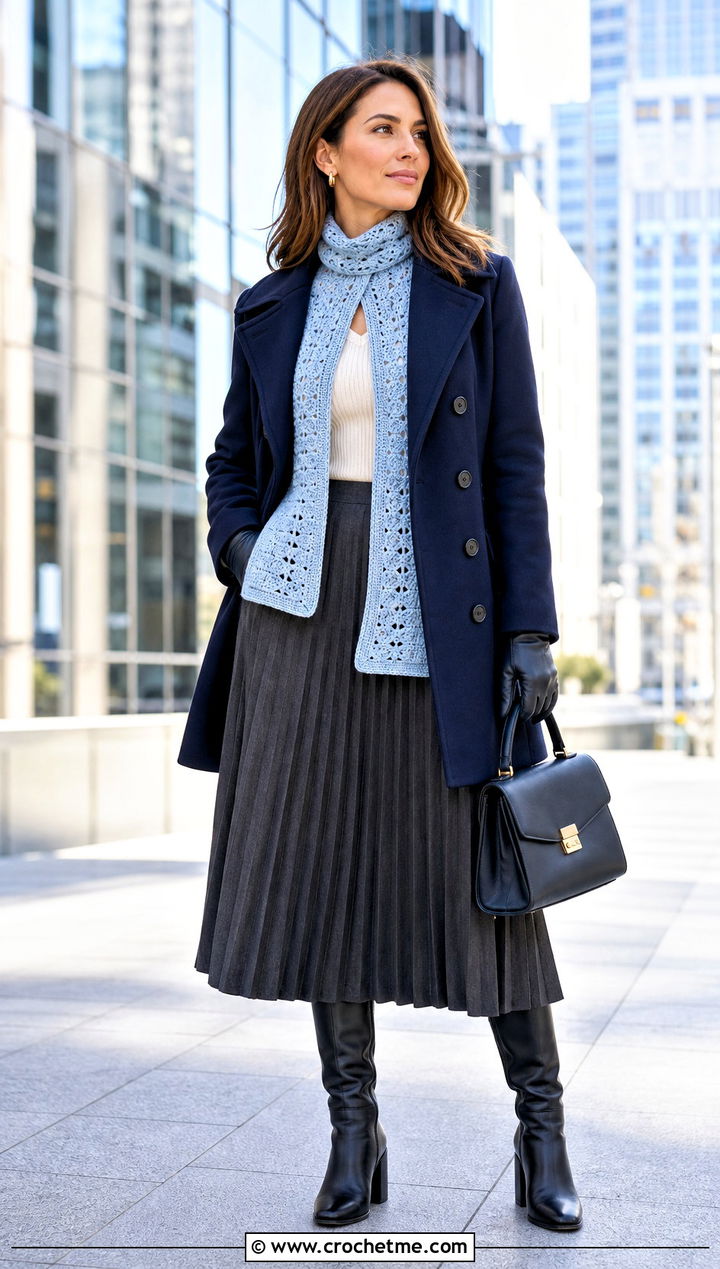 Keyhole Crochet Scarf With Peacoat and Pleated Skirt - 35 Winter Crochet Scarf outfit ideas