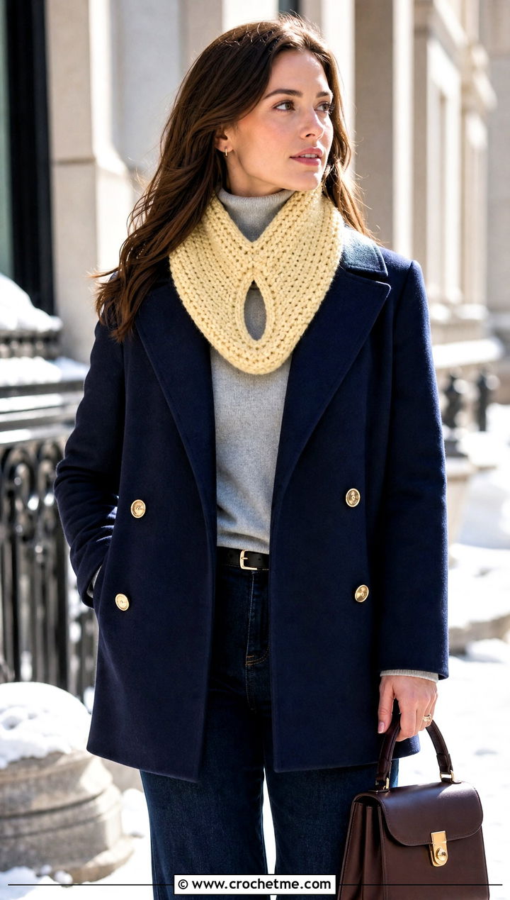Keyhole Crochet Scarf With Peacoat - 30 unique crochet scarf outfit ideas