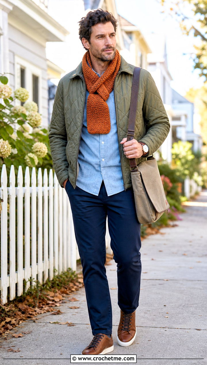 Keyhole Crochet Scarf With Quilted Jacket - 35 men crochet scarf outfit ideas