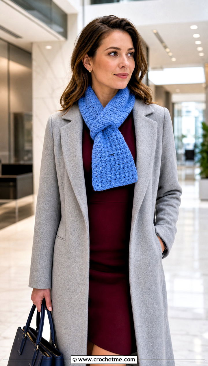 Keyhole Crochet Scarf With Sheath Dress And Long Coat - 25 pretty crochet scarf outfit ideas