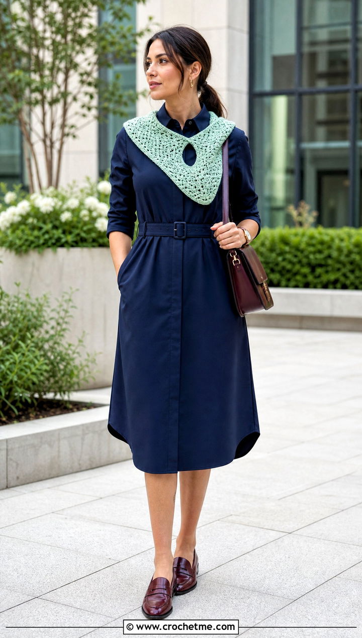 Keyhole Crochet Scarf With Shirt Dress - 35 crochet scarves outfit ideas