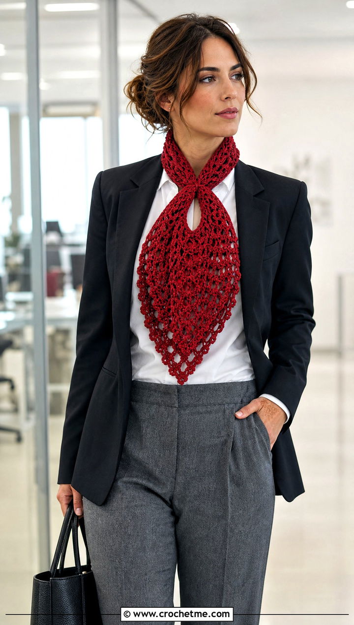 Keyhole Crochet Scarf With Tailored Blazer - 25 Wednesday Crochet Scarf outfit ideas