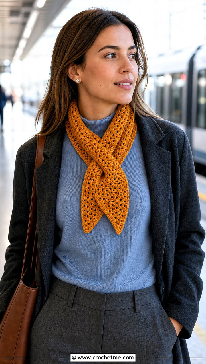 Keyhole Crochet Scarf With Tailored Coat - 25 Beautiful Crochet Scarf outfit ideas