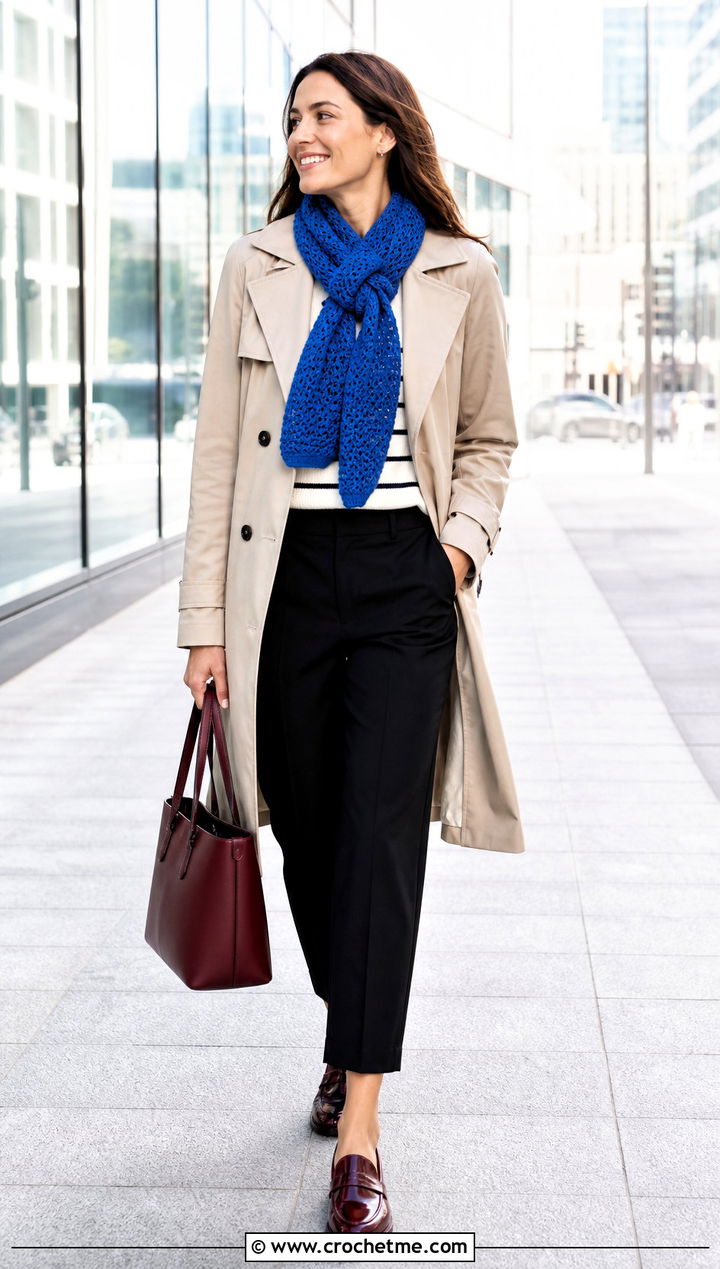 Keyhole Crochet Scarf With Trench Coat - 35 fall crochet scarf outfit ideas