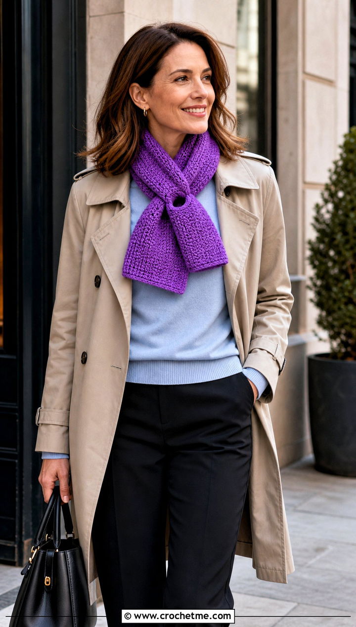Keyhole Crochet Scarf With Trench Coat And Loafers - 15 Dainty Crochet Scarf outfit ideas
