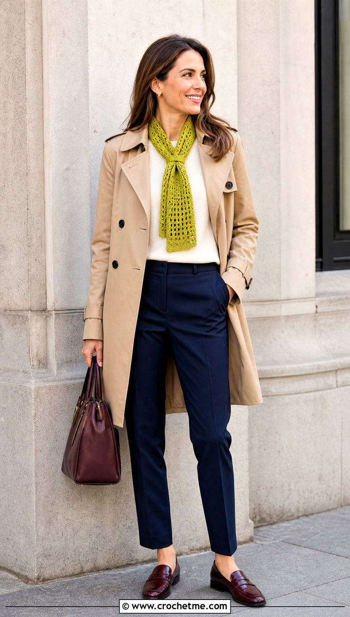 Keyhole Crochet Scarf With Trench Coat And Loafers - 35 easy crochet scarf for beginners outfit ideas
