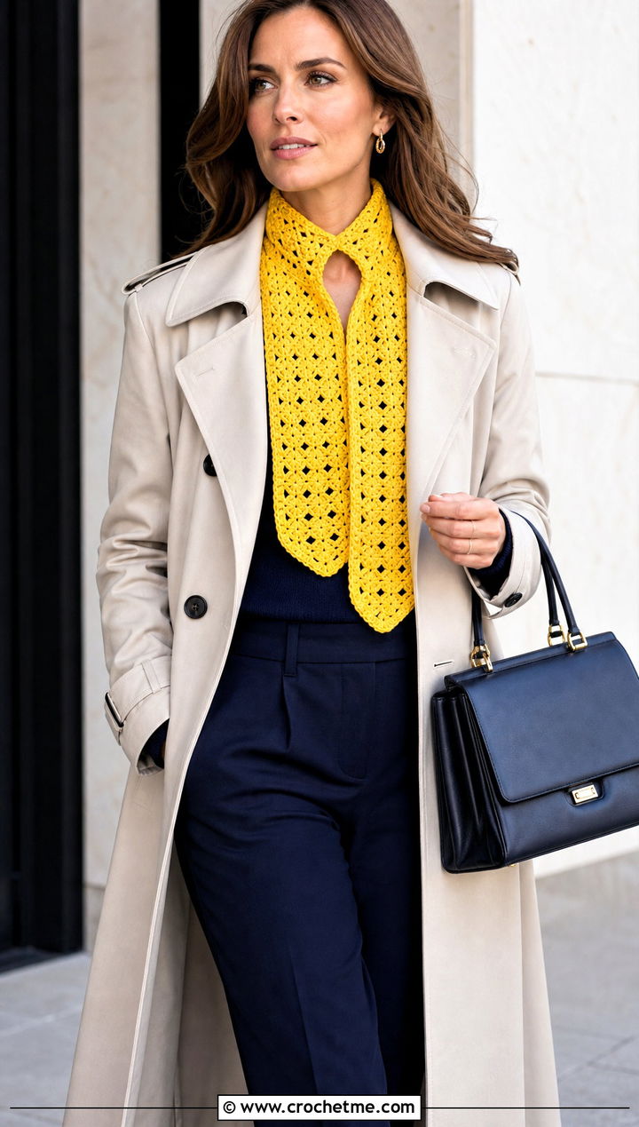 Keyhole Crochet Scarf With Trench Coat And Tailored Pants - 30 easy crochet scarfs outfit ideas
