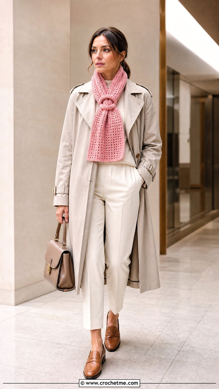 Keyhole Crochet Scarf With Trench Coat and Loafers - 35 easy one skein crochet scarf outfit ideas