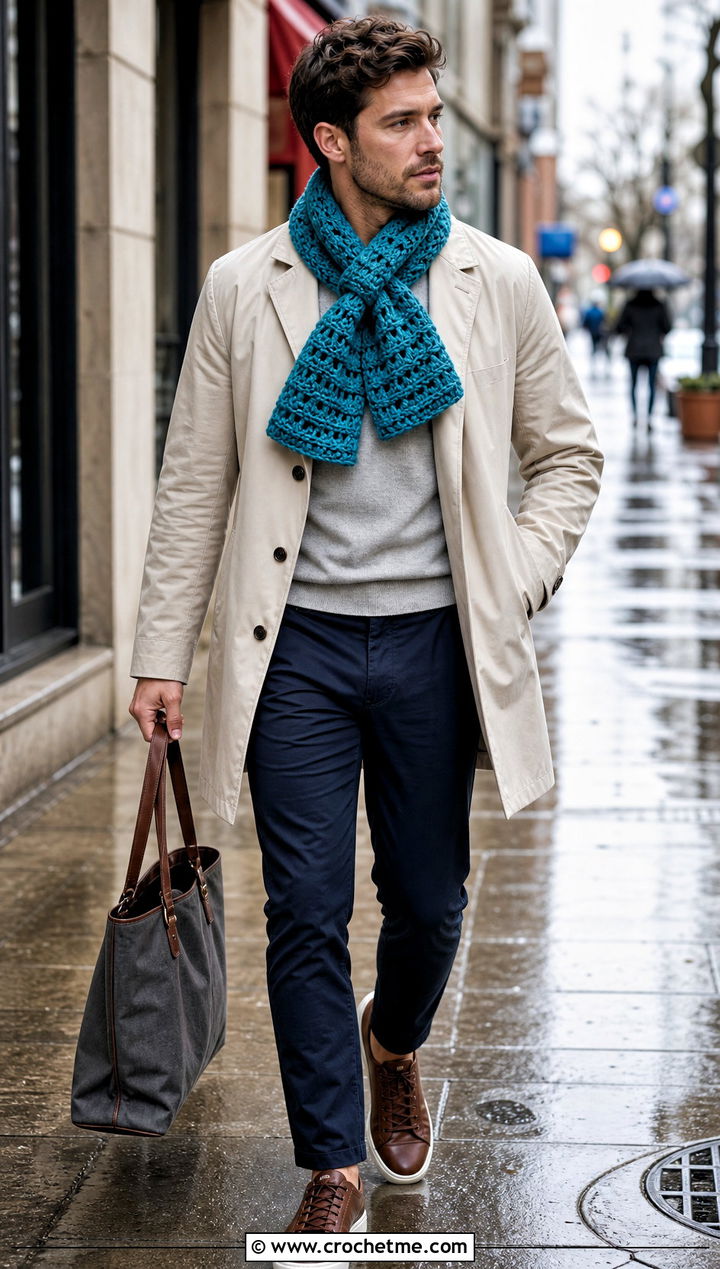 Keyhole Crochet Scarf With Trench Coat - 30 male crochet scarf outfit ideas