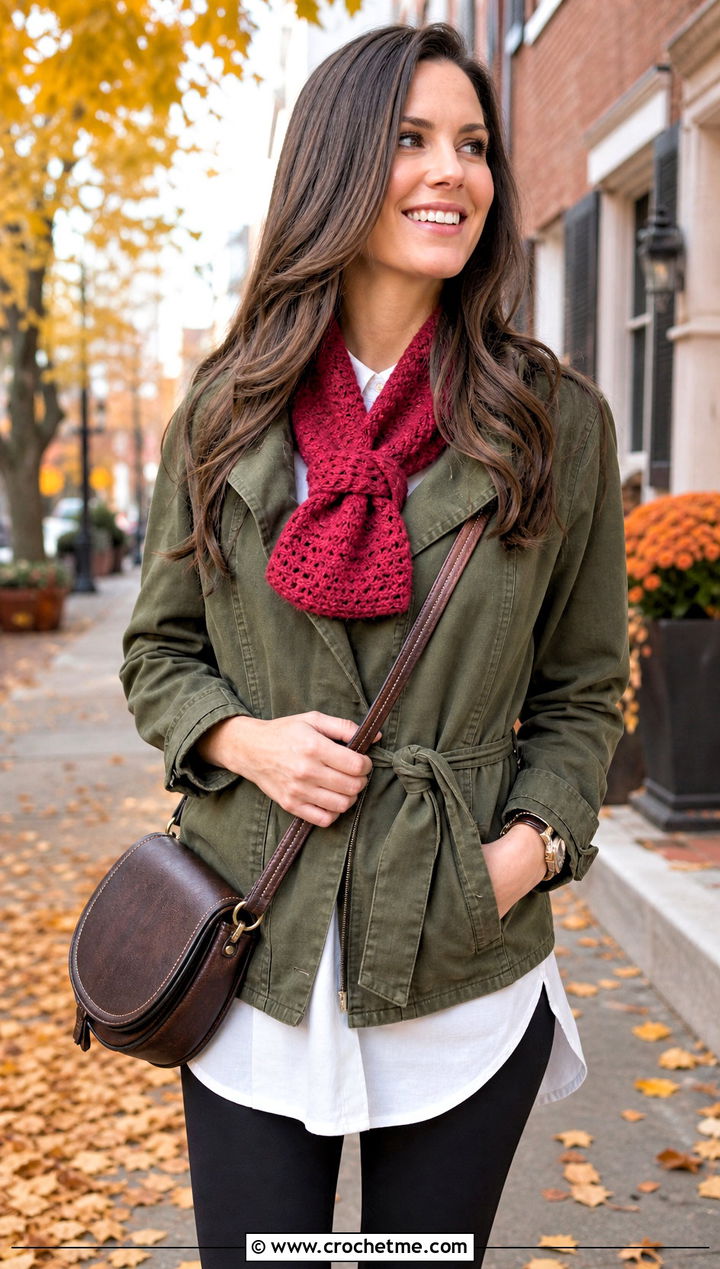Keyhole Crochet Scarf With Utility Jacket And Leggings - 20 Elegant Crochet Scarf outfit ideas