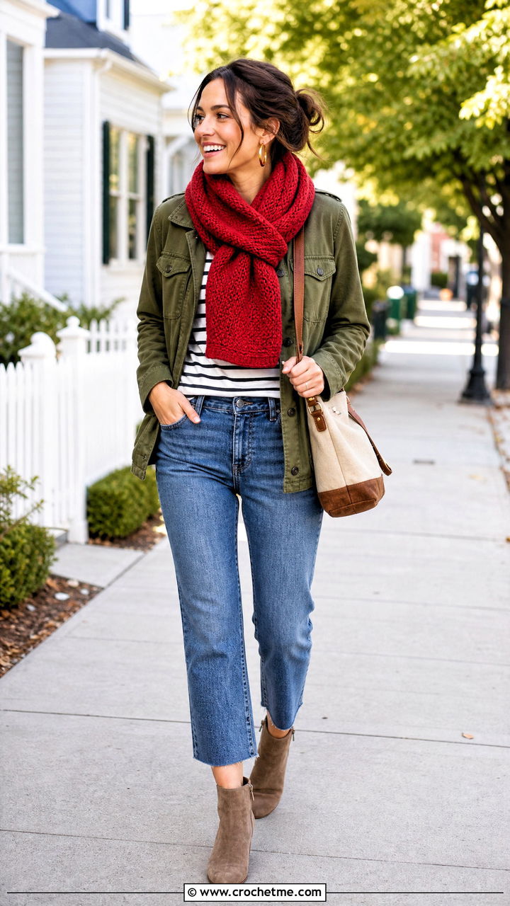 Keyhole Crochet Scarf With Utility Jacket - 35 easy crochet scarves outfit ideas