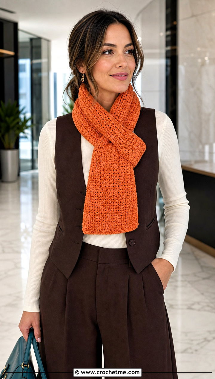 Keyhole Crochet Scarf With Vest And Wide Leg Pants - 20 Crochet Scarf For Beginners outfit ideas